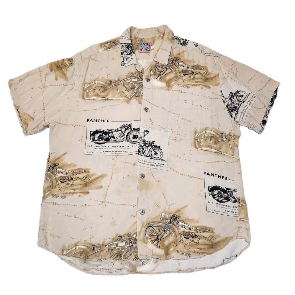 Vintage Jams World Shirt L Panther Motorcycle Crushed Rayon British Biker 90s